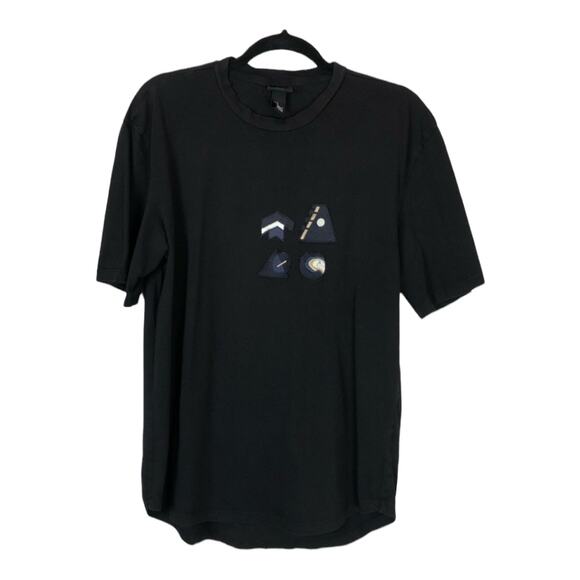 H&M Mens Black Asymmetric Hem Patch Short Sleeve T-Shirt 100% Cotton Sz Medium M - Picture 1 of 4